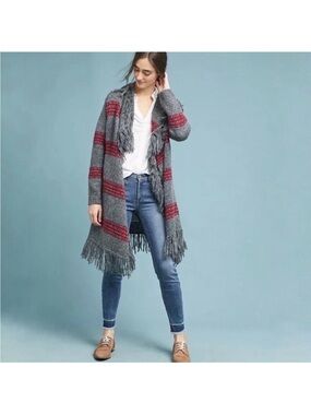 Anthropologie Moth Gray and Burgundy Knit Fringe Cardigan Size Medium